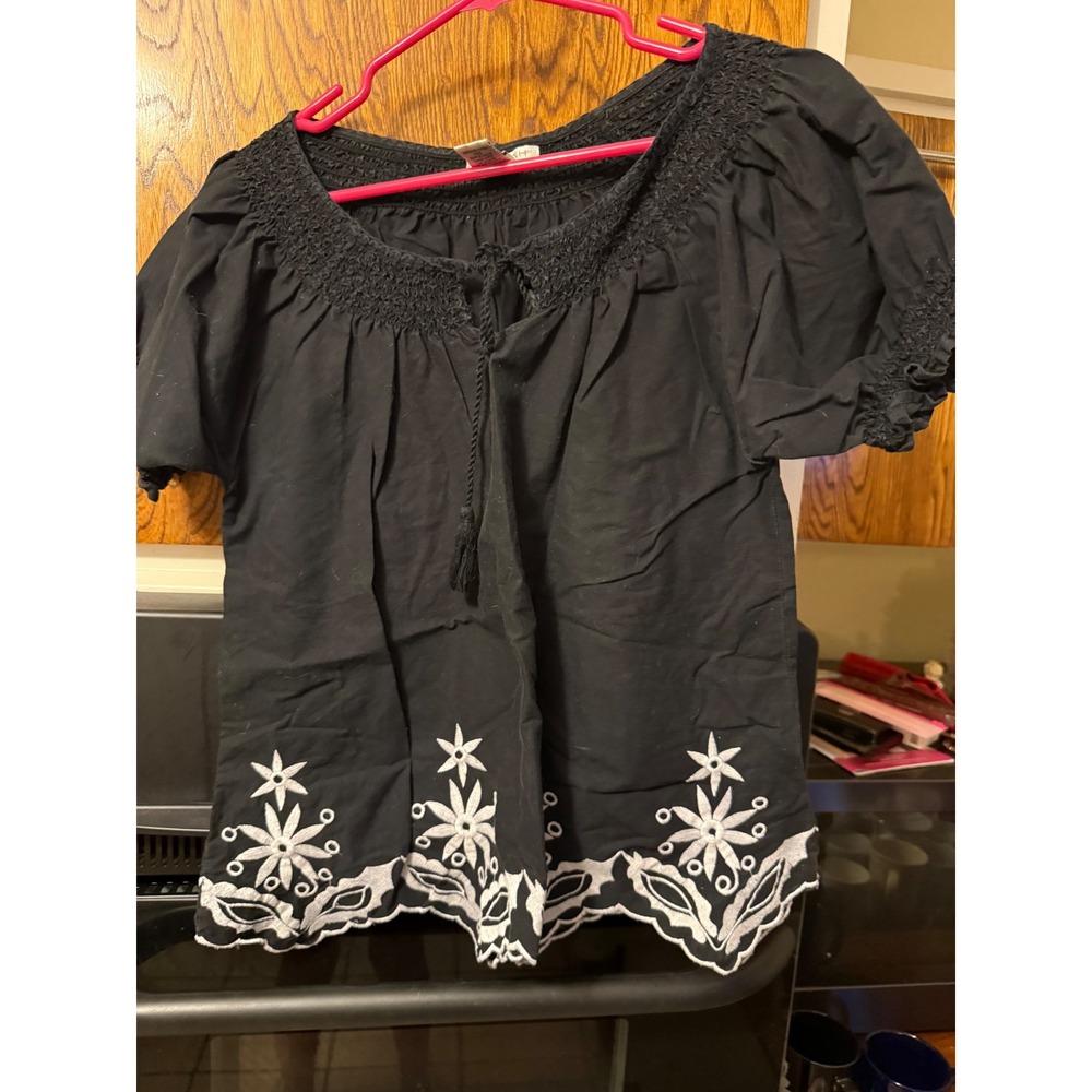 Hannah Black Cotton Embroidered Peasant Blouse Smocked Off Shoulder Top Medium